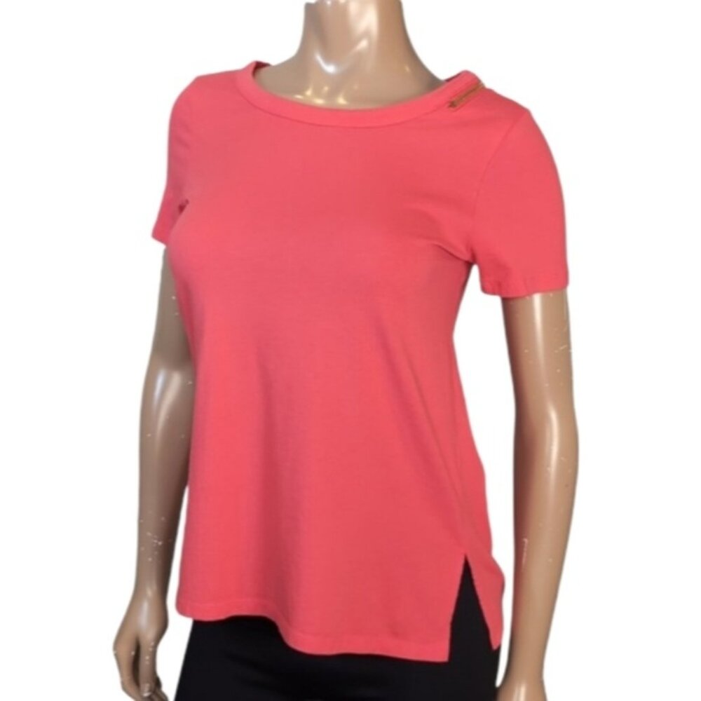Michael Kors Short Sleeve Top Zipper Shoulder Coral Orange Tshirt Womens Small
